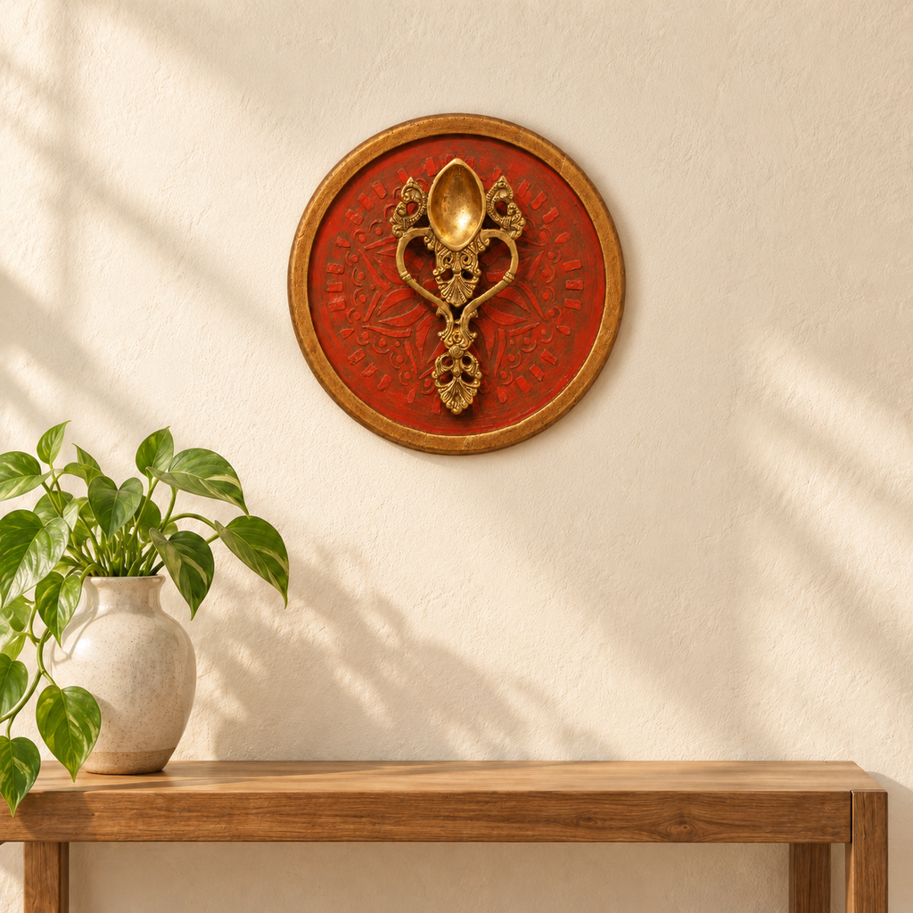 Handcrafted Framed Brass Camphor Aarti Red Backdrop styled wall creative – hoWme