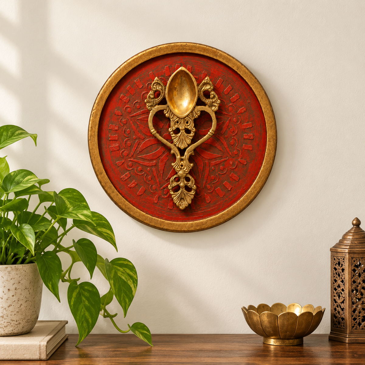 Handcrafted Framed Brass Camphor Aarti Red Backdrop lifestyle wall creative – hoWme