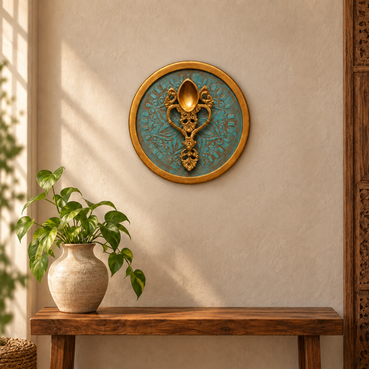 Handcrafted Framed Brass Camphor Aarti Stand Blue Backdrop styled wall creative – hoWme