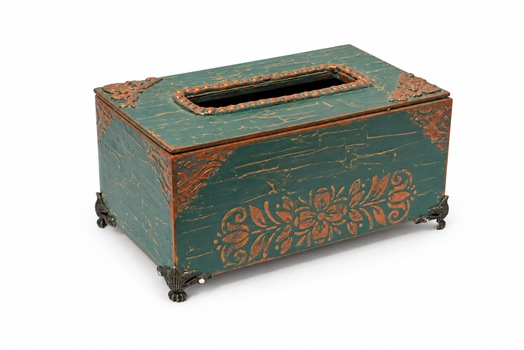 Green and brass decorative tissue holder on a white background for table or shelf décor – hoWme