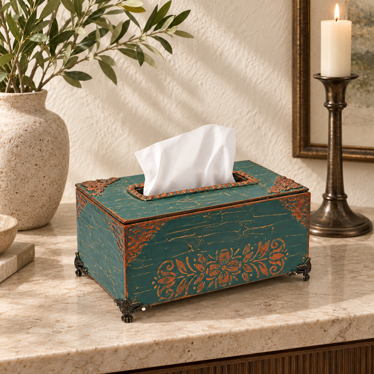 Green decorative tissue holder with brass detailing for table or shelf décor – hoWme