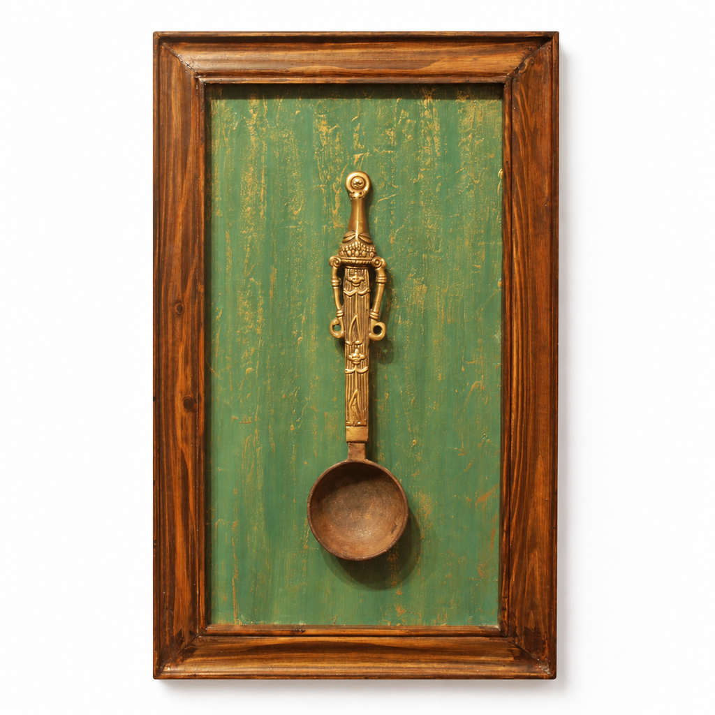 Handcrafted Framed Tribal Ladle Green Backdrop front view for wall décor – hoWme