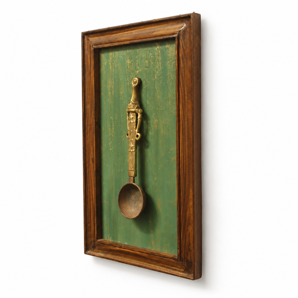 Handcrafted Framed Tribal Ladle Green Backdrop side view for wall décor – hoWme