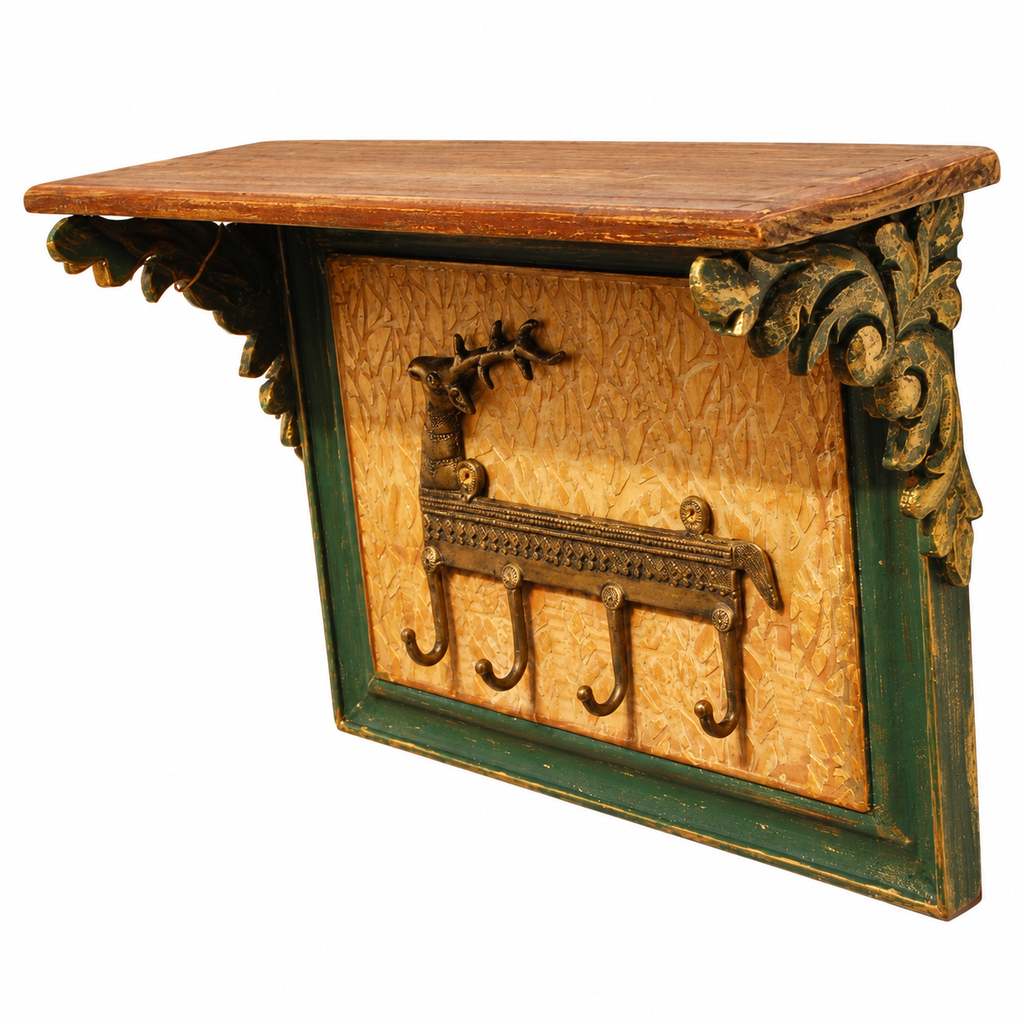 Green and gold deer motif key holder shelf, left view on white background. hoWme
