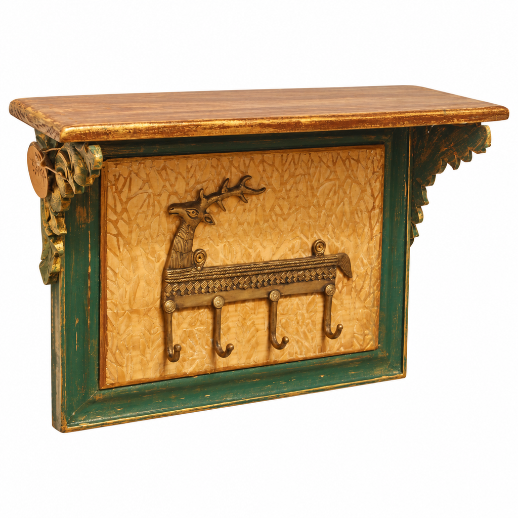 Green and gold deer motif key holder shelf, right view on white background. hoWme