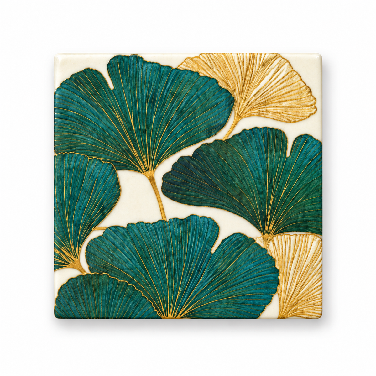 Green and gold ginkgo decoupage MDF coasters set of six on white background - hoWme