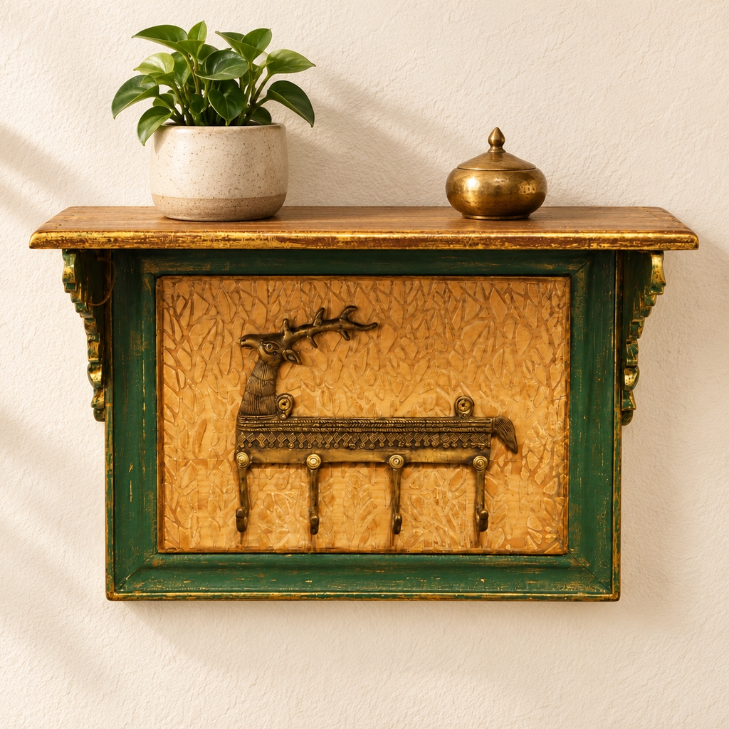 Green and gold key holder wall shelf with plant and brass decor. hoWme