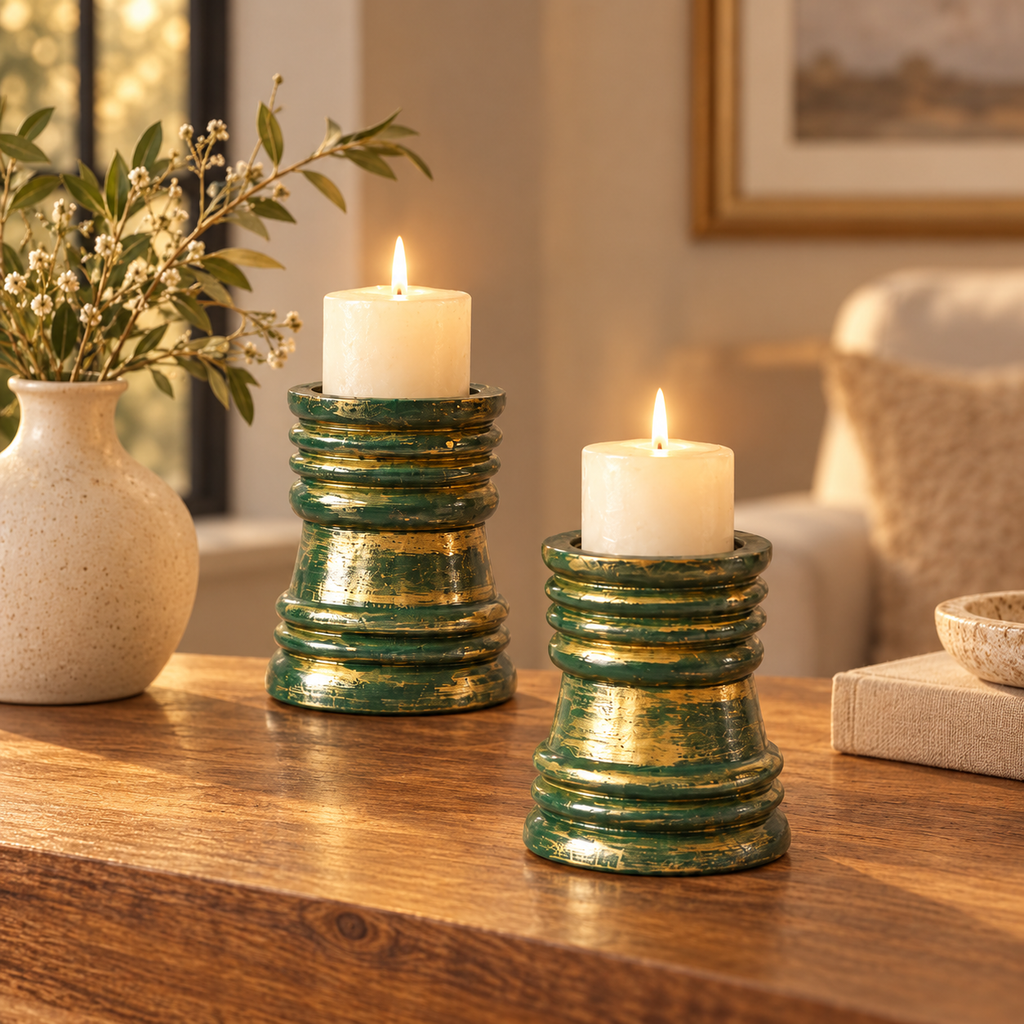 Green and gold wooden candlestands with lit candles on a table – hoWme