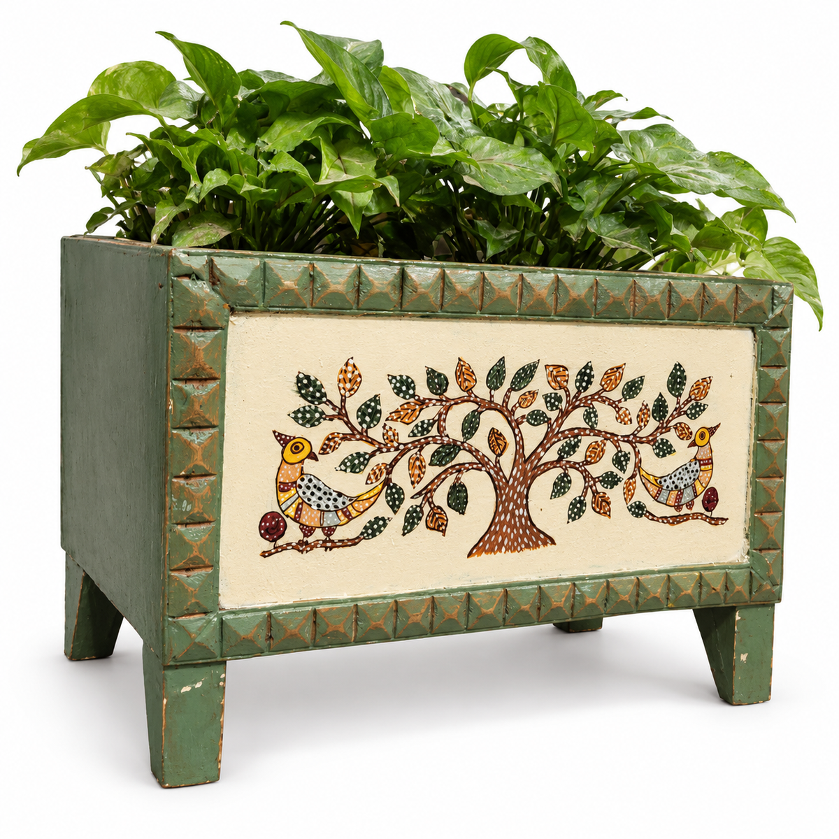 Green and off-white carved wooden planter set on white background, angled view for table or shelf décor – hoWme