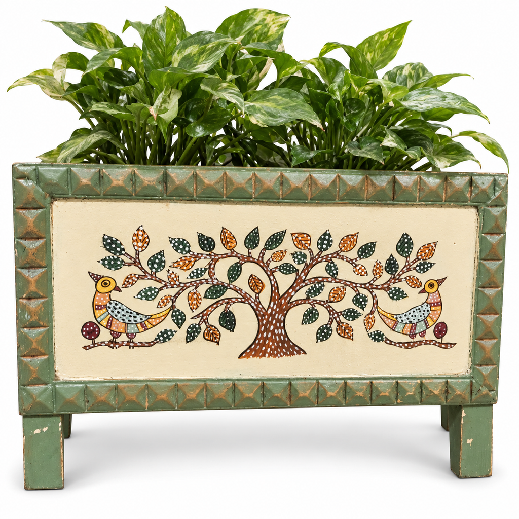 Green and off-white carved wooden planter set on white background, close-up for table or shelf décor – hoWme