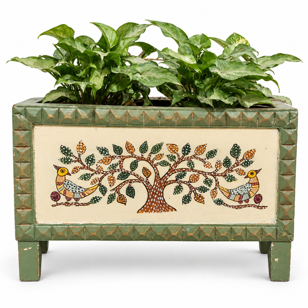 Green and off-white carved wooden planter set on white background, front view for table or shelf décor – hoWme
