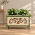 Green and off-white carved wooden planter set styled with plants for table or shelf décor – hoWme