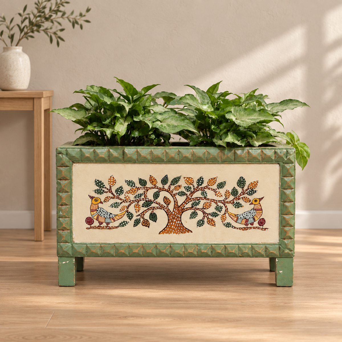 Green and off-white carved wooden planter set styled with plants for table or shelf décor – hoWme