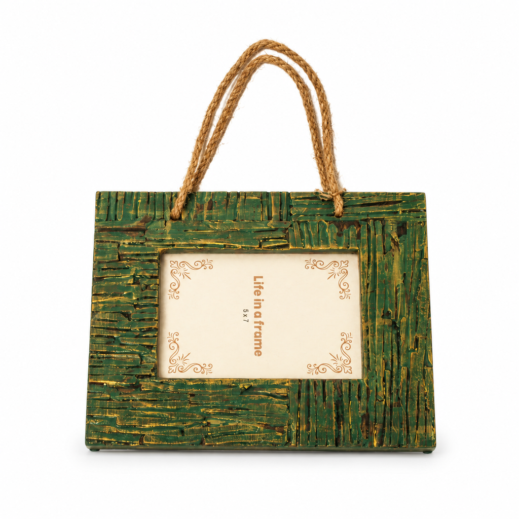 Green textured wooden hanging photo frame with jute rope on white background hoWme