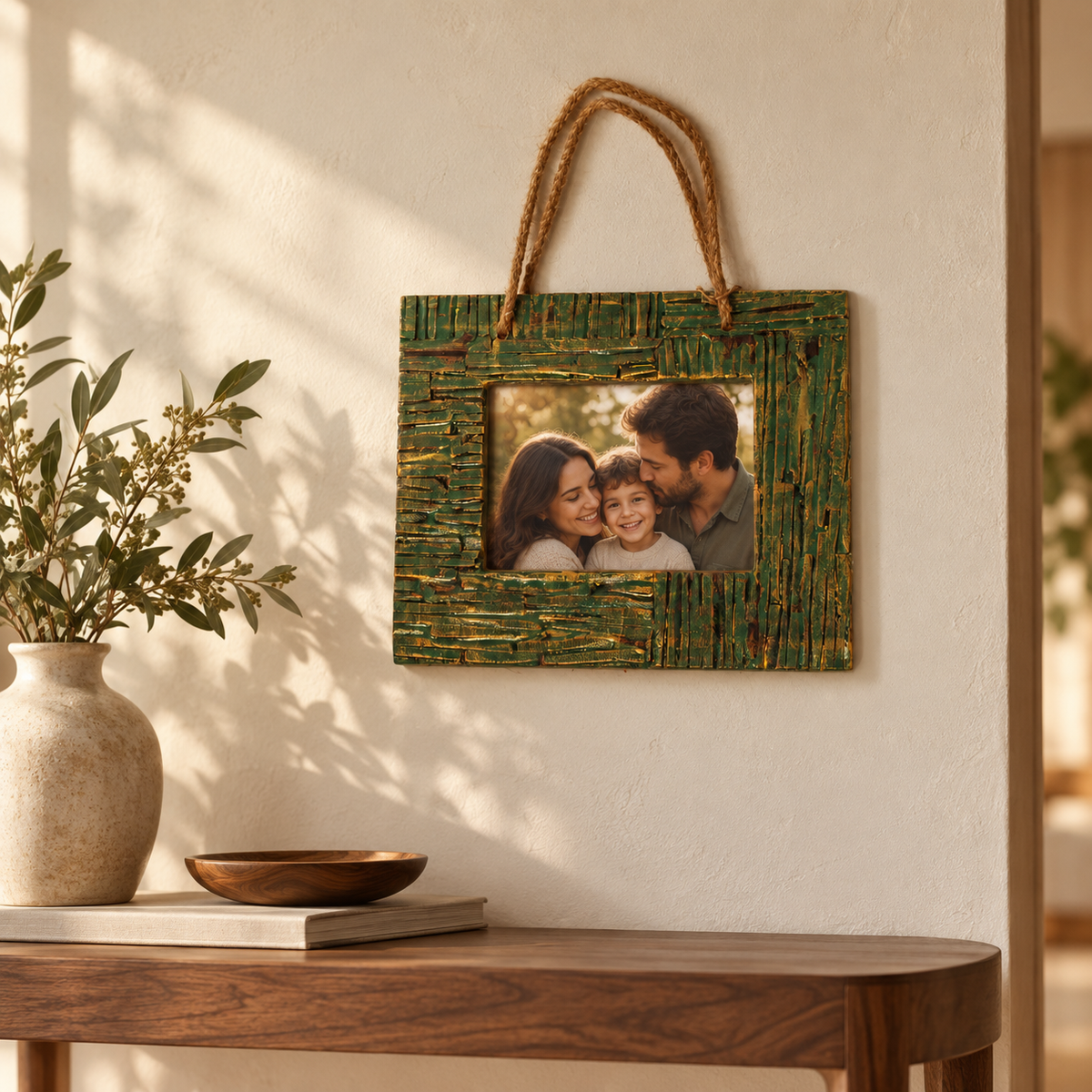 Green textured wooden photo frame hanging in a warm interior hoWme
