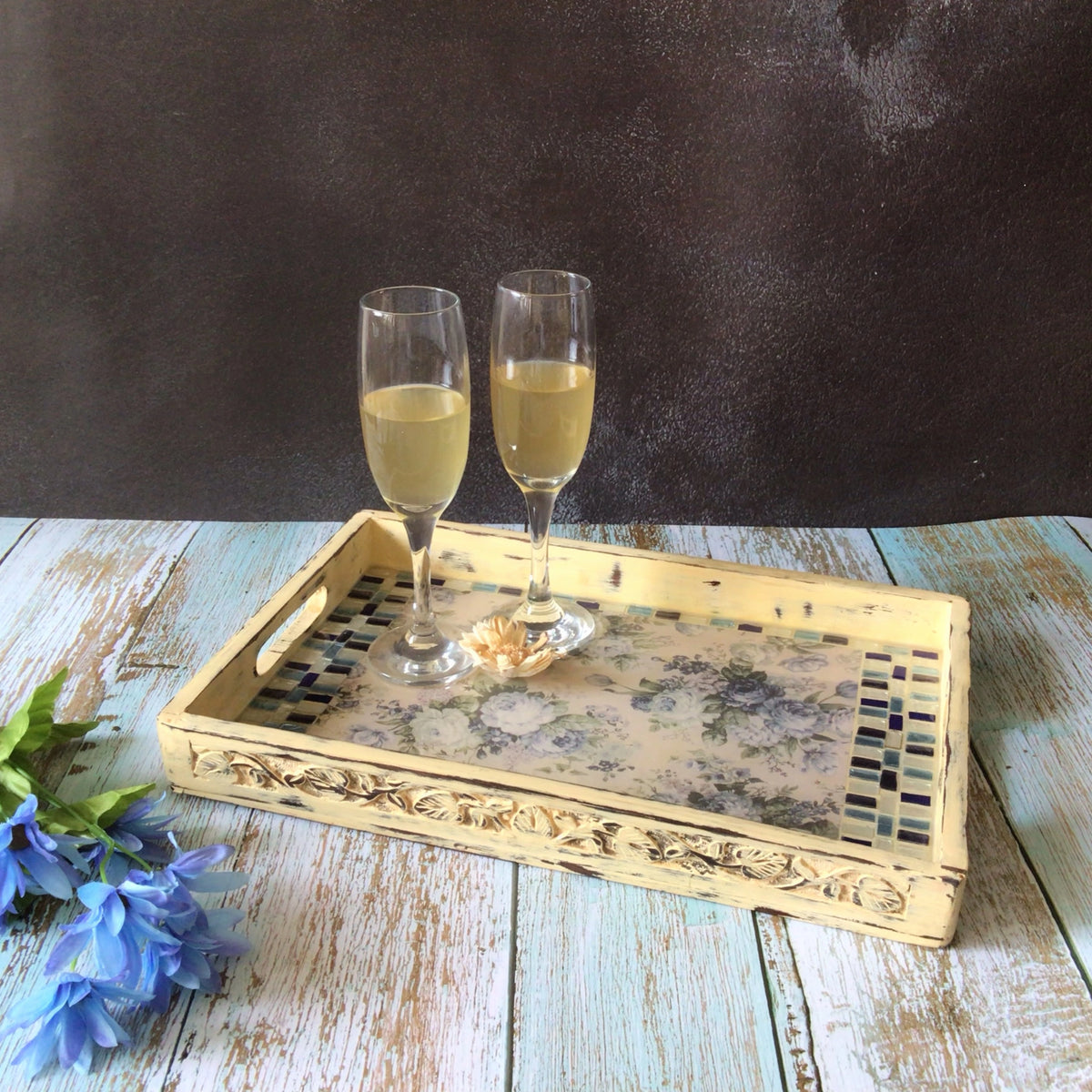 Handcrafted Carved floral mosaic wooden tray – view 9 for table or shelf décor – hoWme