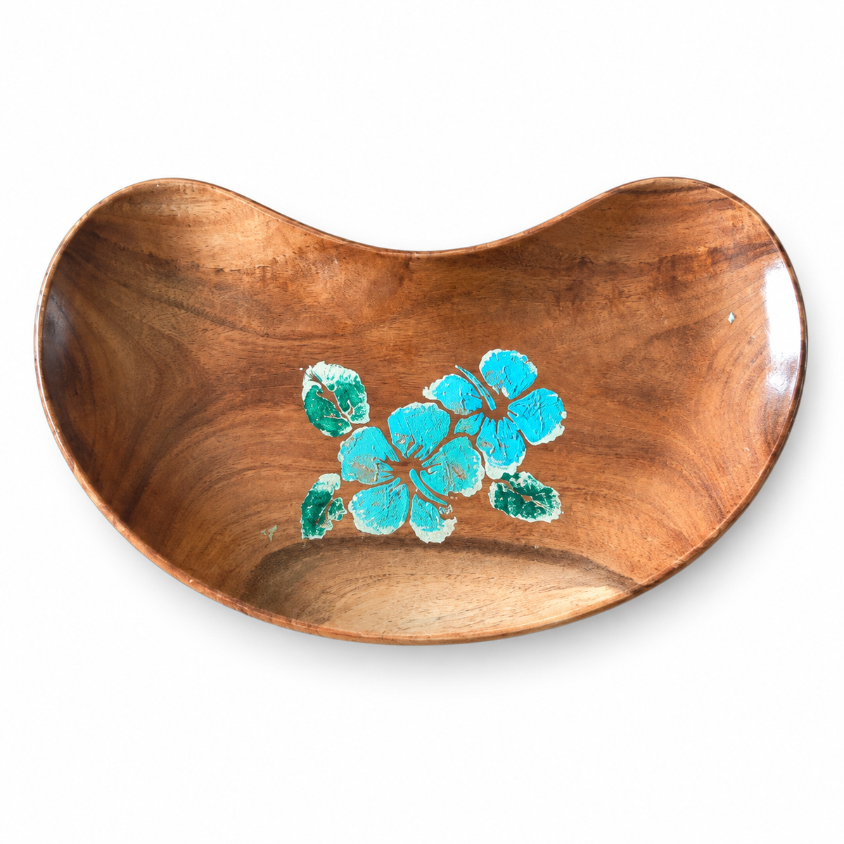 Hand-painted brown bean-shaped wooden tray with blue floral detail, white background. hoWme