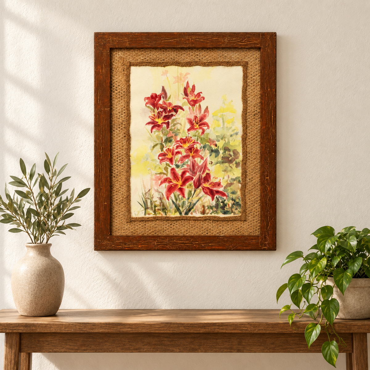 Hand-painted red floral wooden wall art, view 2 – hoWme
