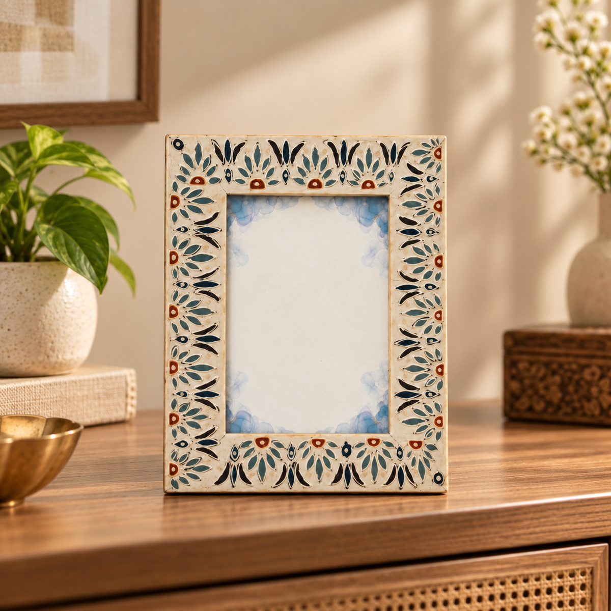 Hand-painted white floral wooden photo frame styled on a warm console hoWme