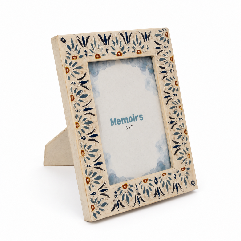 Hand-painted white floral wooden photo frame on a white background hoWme