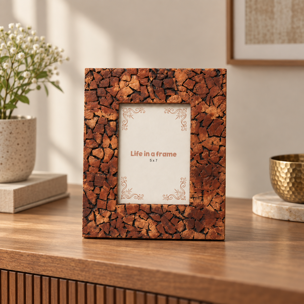 Handcrafted brown textured wooden photo frame styled on a warm console hoWme