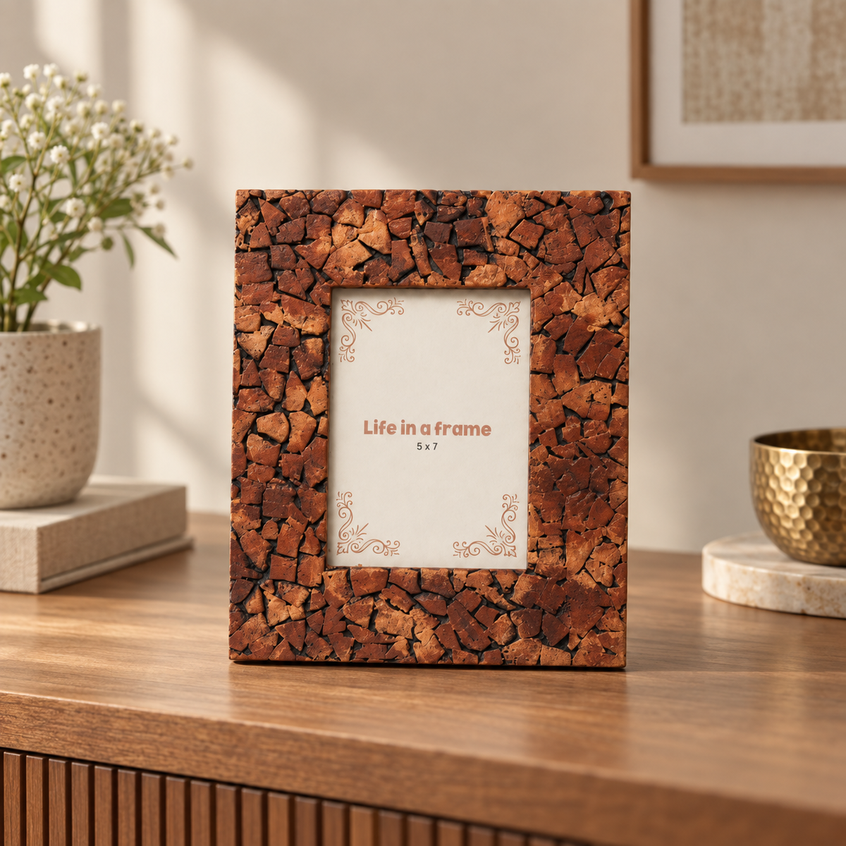 Handcrafted brown textured wooden photo frame styled on a warm console hoWme