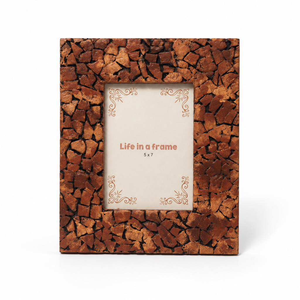 Handcrafted brown textured wooden photo frame with glass on white background hoWme