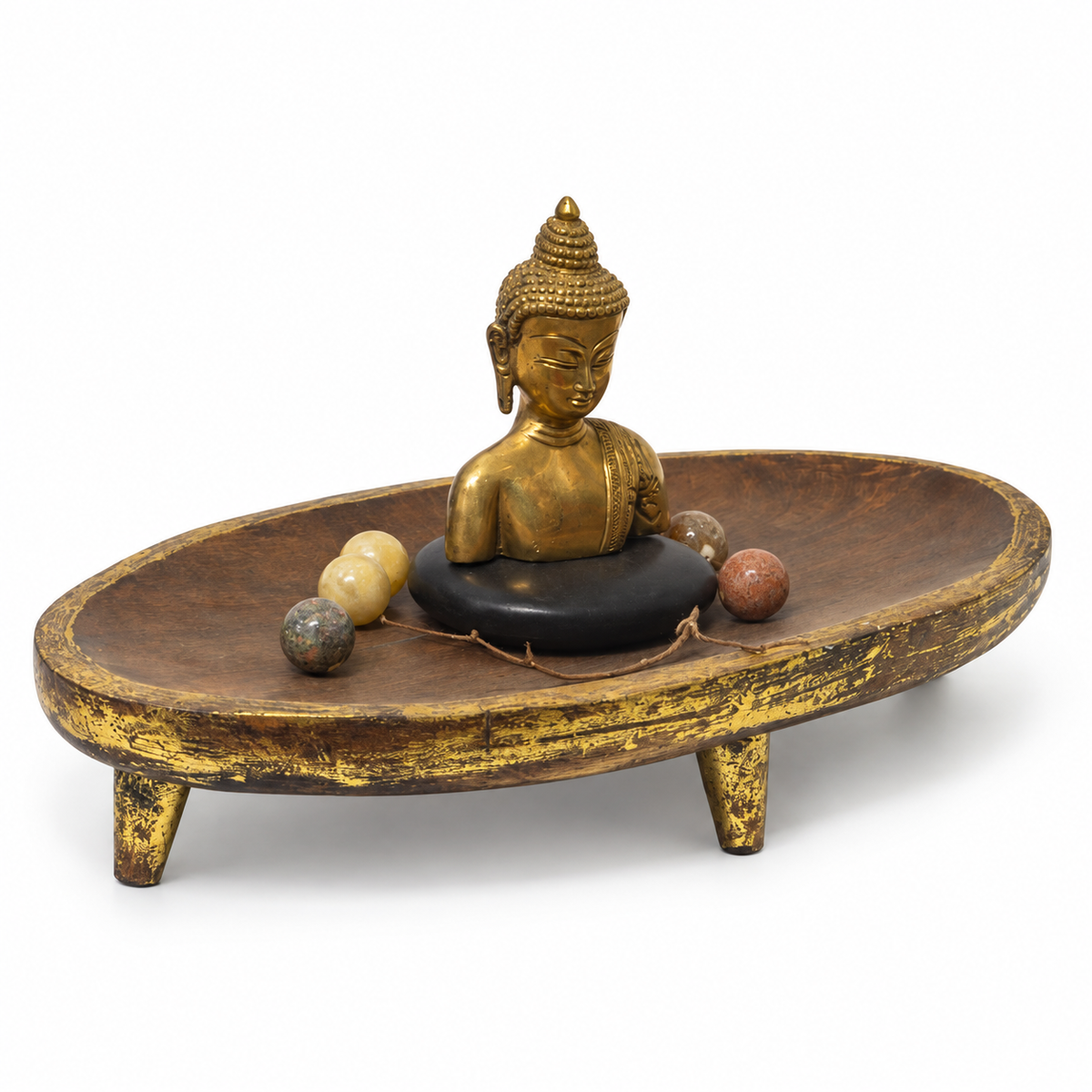 Handcrafted oval wooden tray with brass Buddha accent, alternate view for table or shelf décor – hoWme