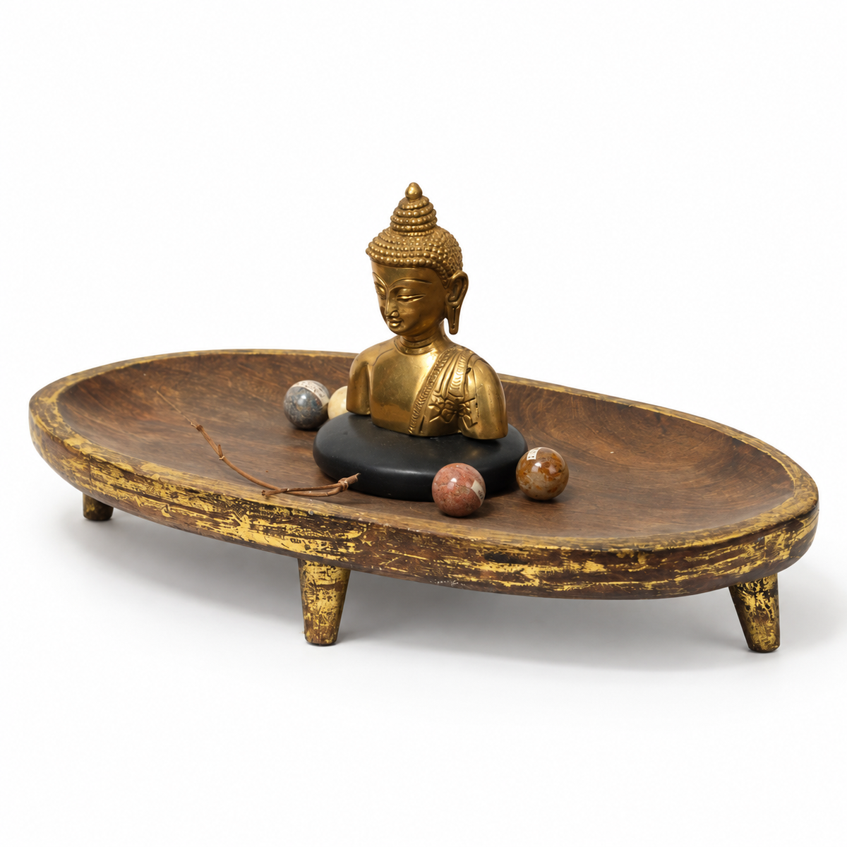 Handcrafted oval wooden tray with brass Buddha accent, angled view for table or shelf décor – hoWme