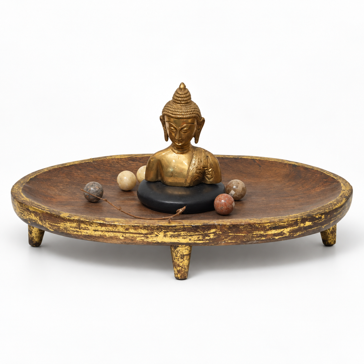 Handcrafted oval wooden tray with brass Buddha accent, front view for table or shelf décor – hoWme