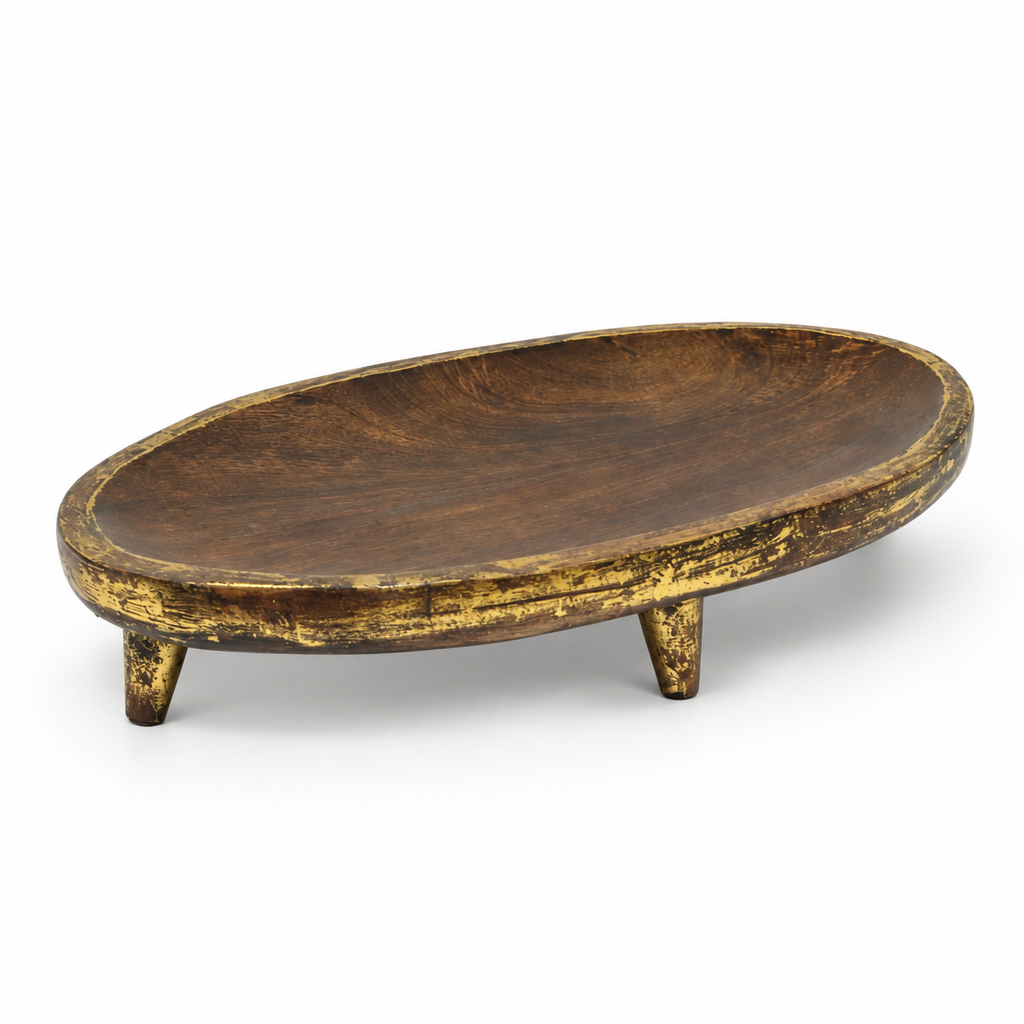Handcrafted oval wooden tray with distressed brown and gold finish for table or shelf décor – hoWme