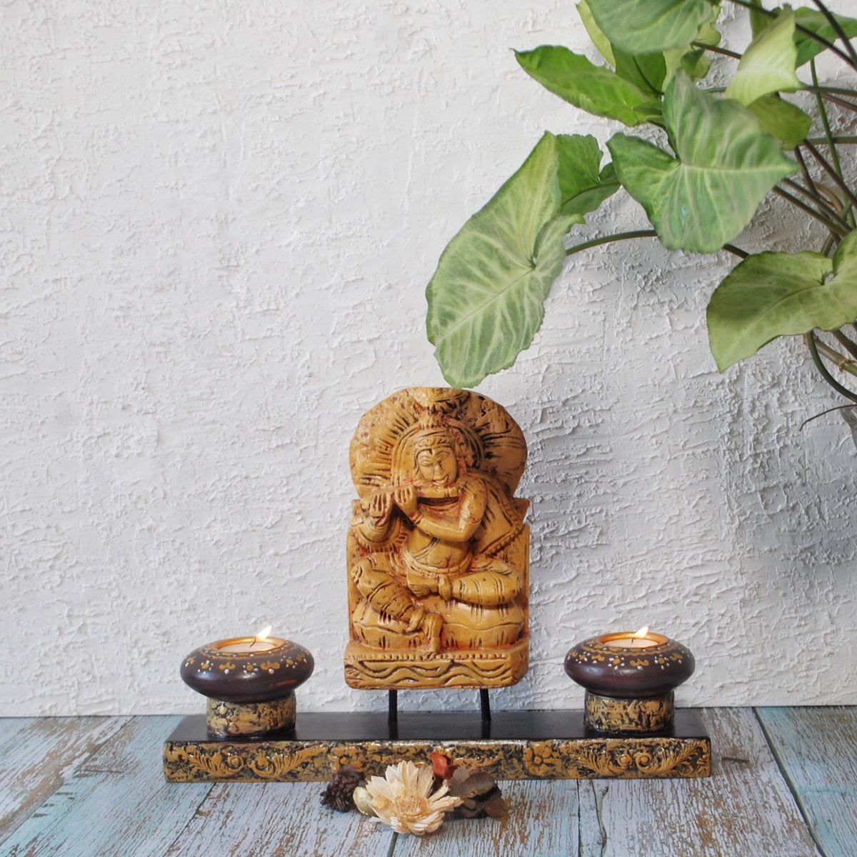 Handcrafted wooden Krishna idol with hand-painted diyas for table or shelf décor – hoWme