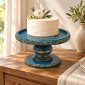 Handcrafted antique blue and gold wooden pedestal stand for table or shelf décor – hoWme