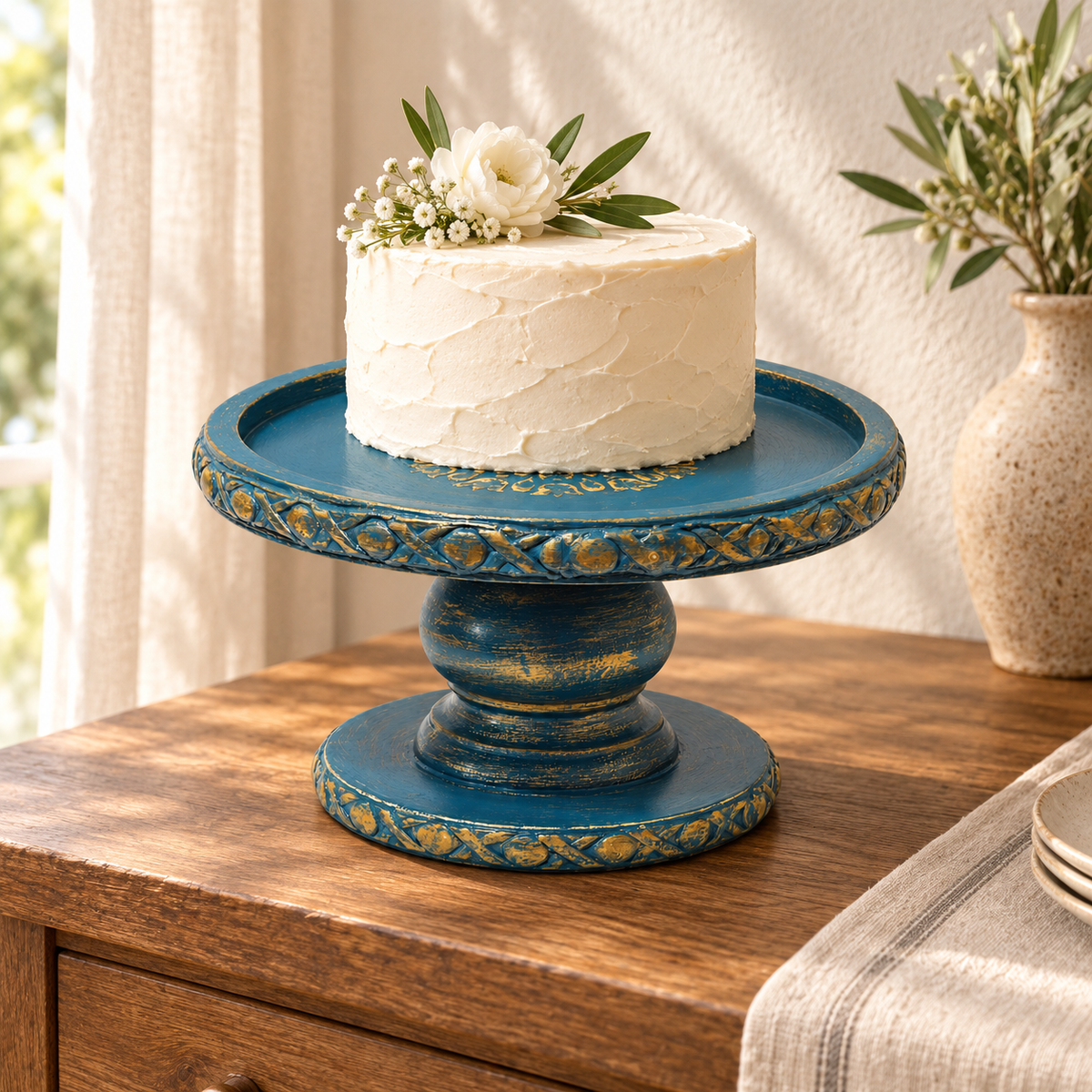 Handcrafted antique blue and gold wooden pedestal stand for table or shelf décor – hoWme