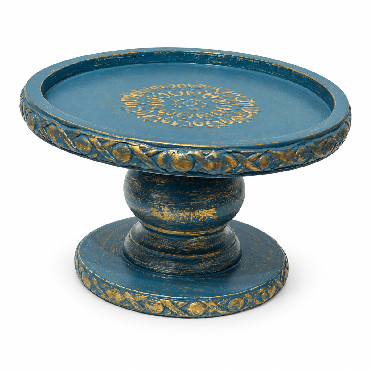 Handcrafted antique blue and gold wooden pedestal stand – angled view for table or shelf décor – hoWme