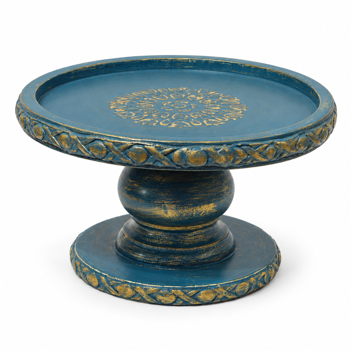 Handcrafted antique blue and gold wooden pedestal stand – front view for table or shelf décor – hoWme