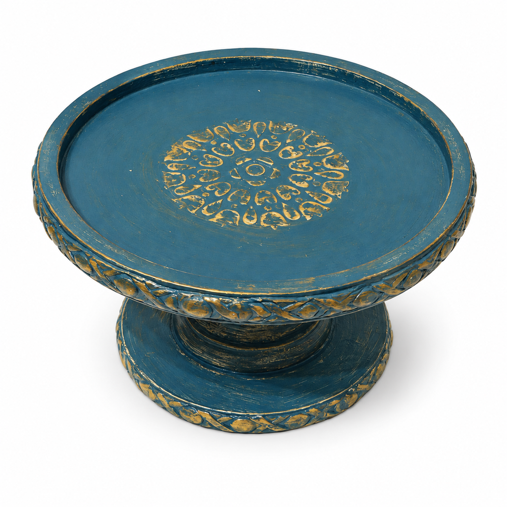 Handcrafted antique blue and gold wooden pedestal stand – top view for table or shelf décor – hoWme