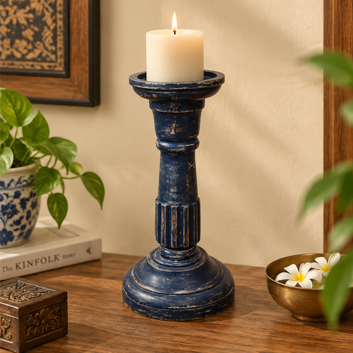 Handcrafted antique navy blue candle stand for floor décor – hoWme
