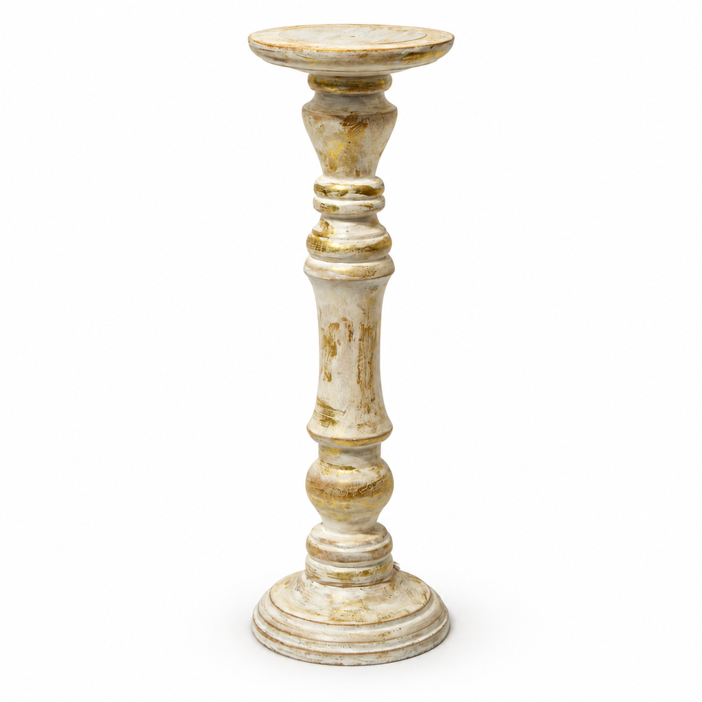 Handcrafted antique white and gold candle stand – angled view for floor décor – hoWme