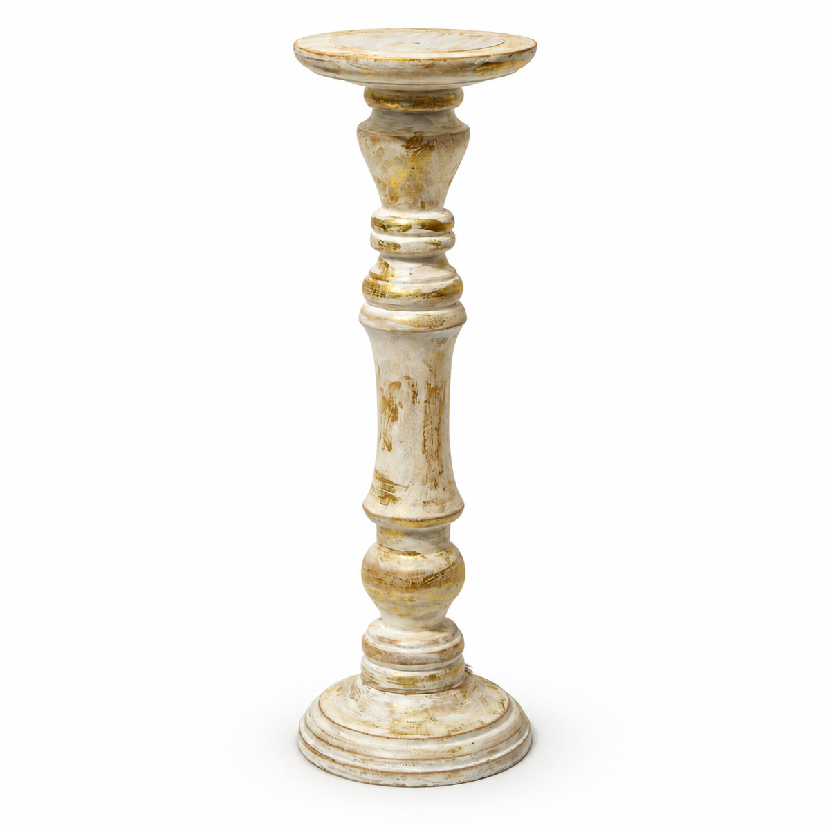 Handcrafted antique white and gold candle stand – angled view for floor décor – hoWme