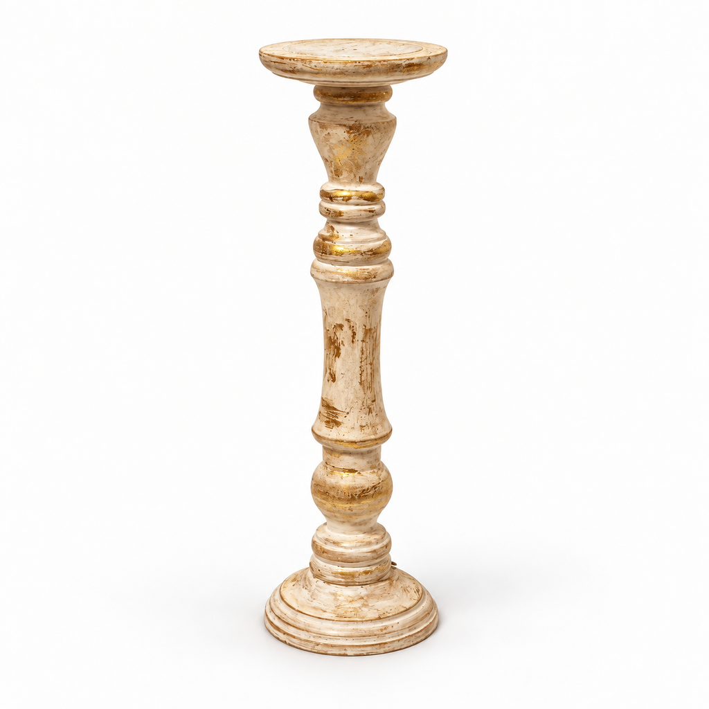 Handcrafted antique white and gold candle stand – front view for floor décor – hoWme