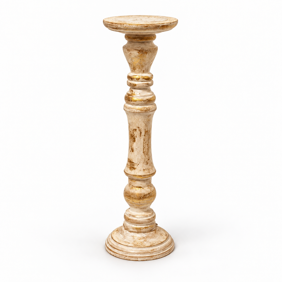 Handcrafted antique white and gold candle stand – front view for floor décor – hoWme