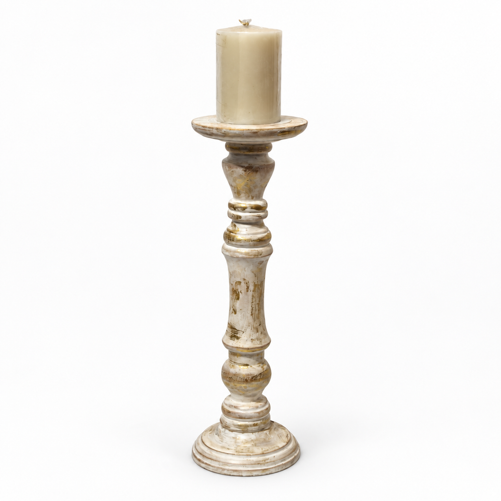 Handcrafted antique white and gold candle stand with candle for floor décor – hoWme