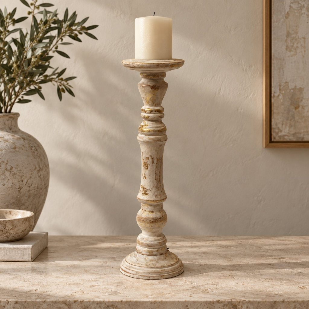 Handcrafted antique white and gold candle stand for floor décor – hoWme