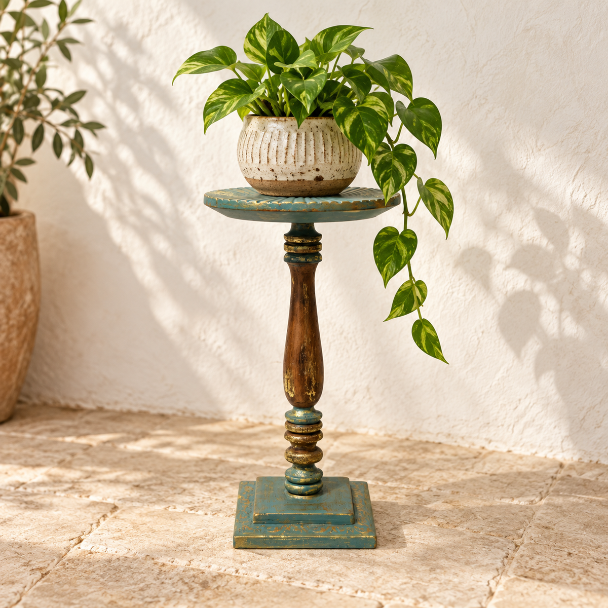 Handcrafted antique wooden pedestal blue and gold for floor décor – hoWme