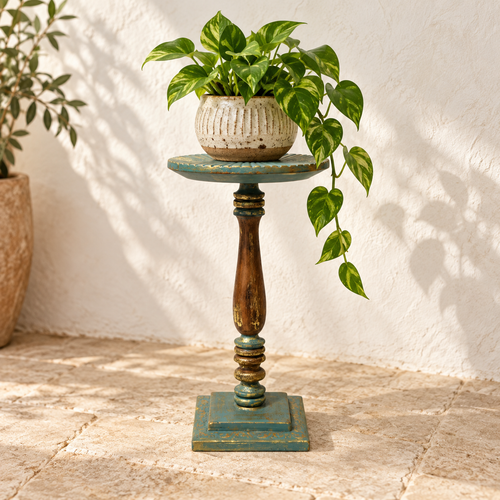 Handcrafted antique wooden pedestal blue and gold for floor décor – hoWme