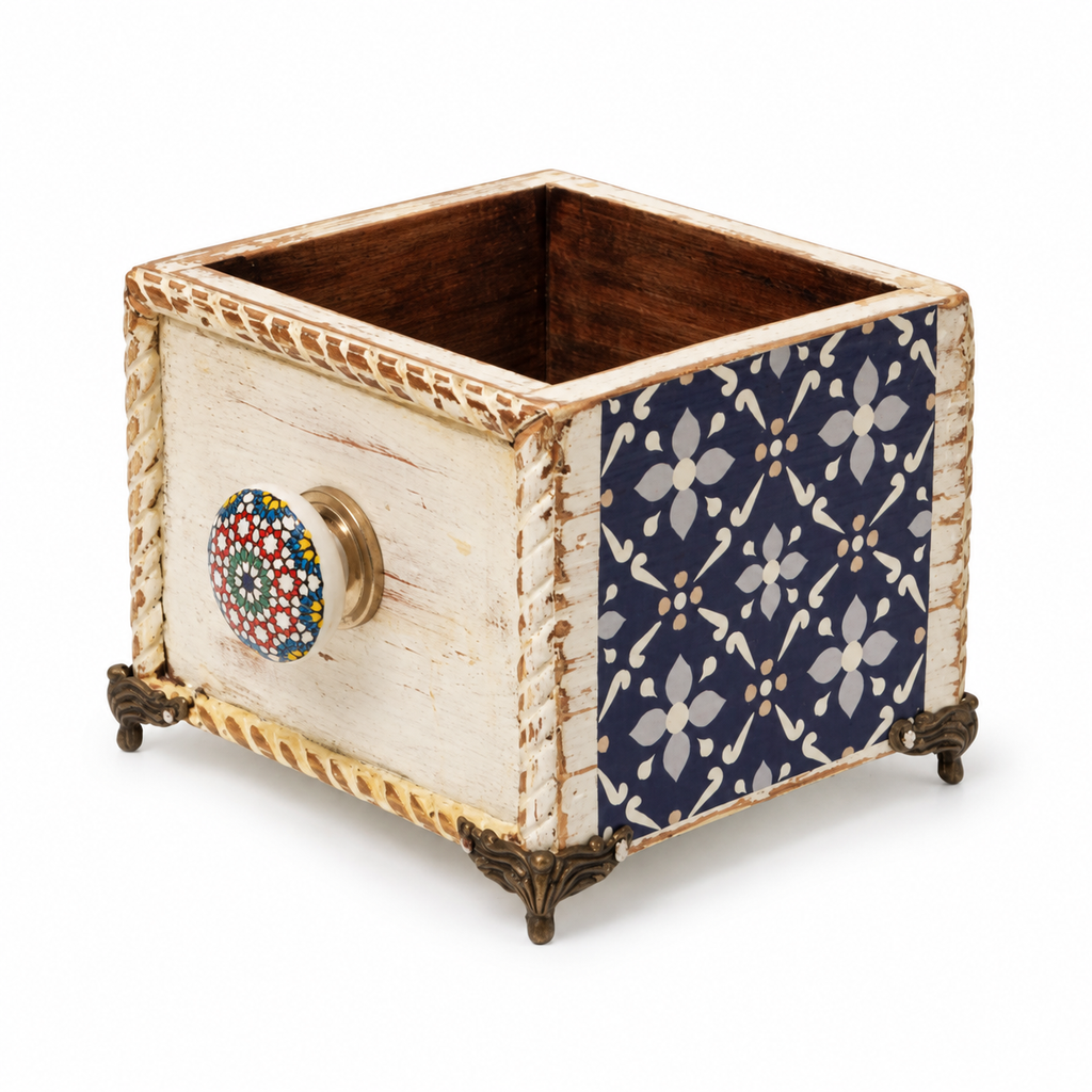 Handcrafted blue decoupage planter – white background for table or shelf décor – hoWme
