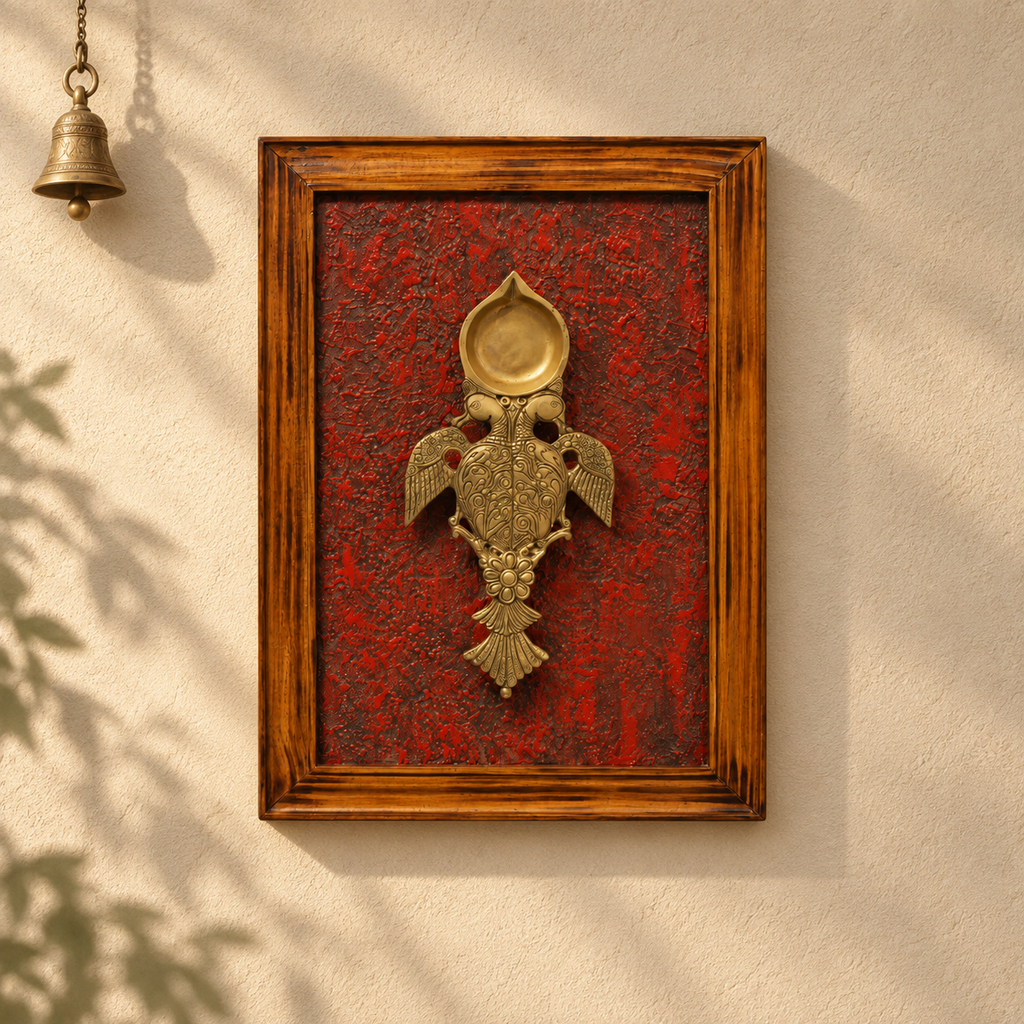 Handcrafted framed brass aarti diya maroon backdrop for wall décor – hoWme
