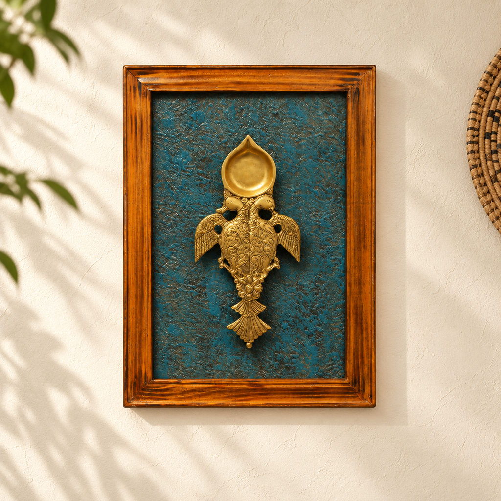 Handcrafted framed brass aarti diya teal backdrop for wall décor – hoWme