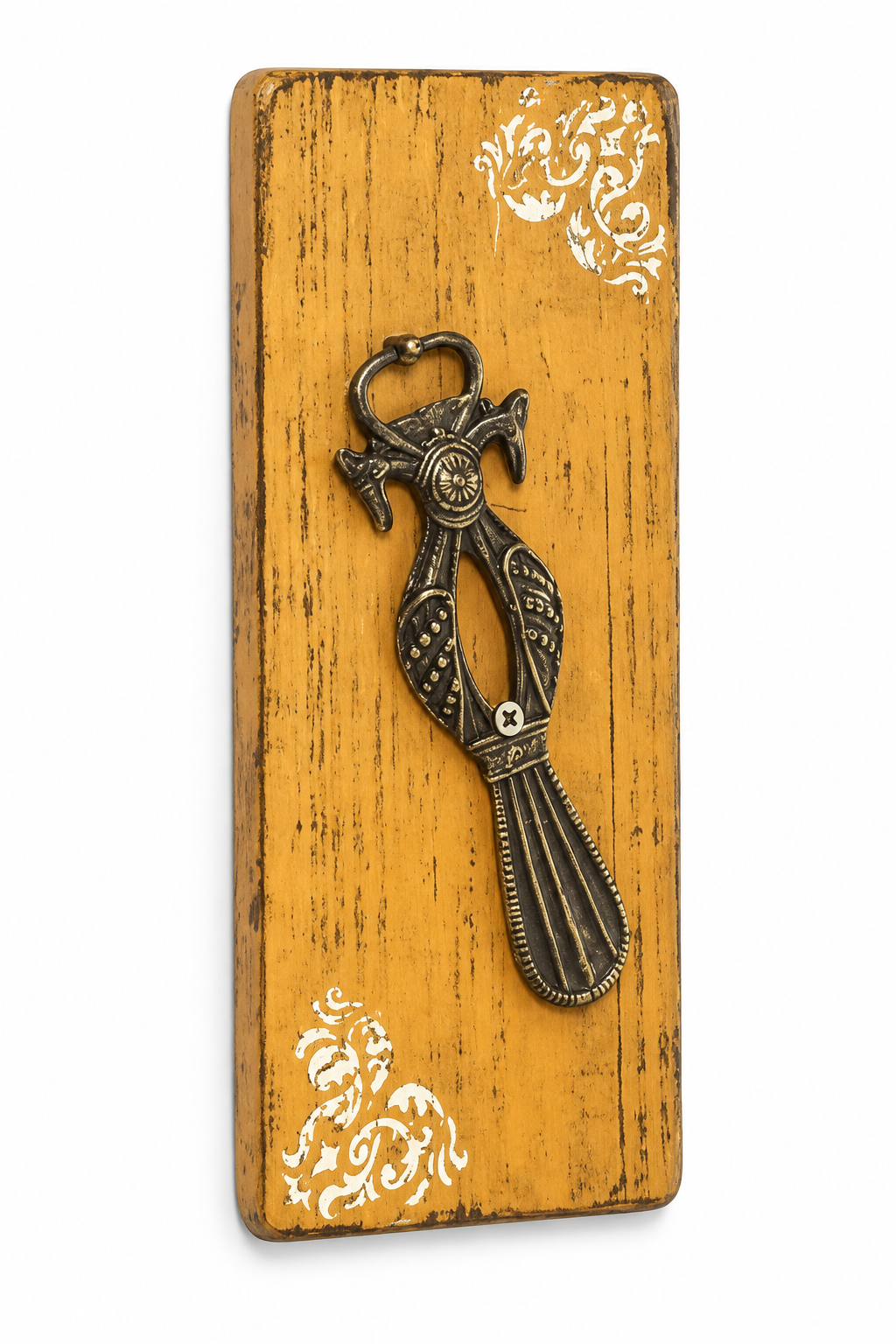 Handcrafted Brass artefact mounted on distressed mustard wood for wall décor – hoWme